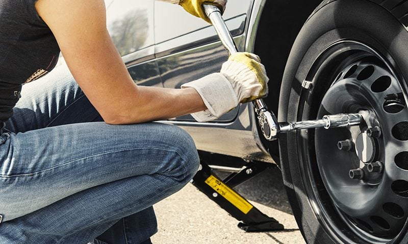 Using a jack, locking wheel nut, wrench and a spare, you can change a tyre in minutes