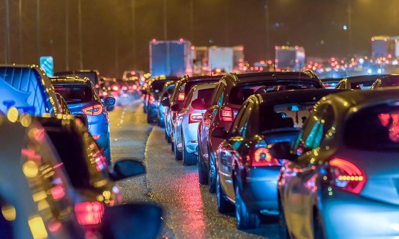 Motorway traffic jam at night