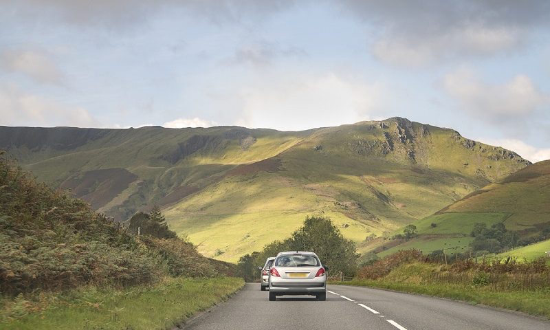 Cars on a road in Snowdonia, Wales.